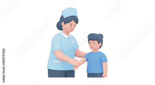 Nurse examines young boy's arm in a clinic, ensuring his wellbeing with a gentle touch during a routine checkup, fostering trust and care in a clean environment.