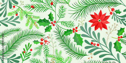 Seamless christmas pattern with red poinsettia holly berries and pine branches