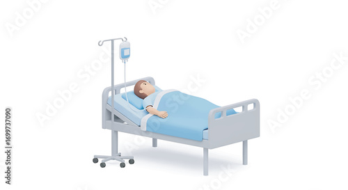 Patient lies in hospital bed receiving intravenous fluids, resting peacefully under blue blanket in sterile environment, showing recovery and care.