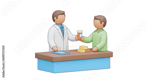 Pharmacist handing prescription medication to patient across counter in pharmacy, promoting health and wellness with friendly service.