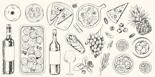 Hand drawn sketch of assorted foods and drinks including pizza wine fruits and vegetables