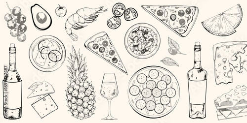 Hand drawn sketch of various food items including pizza pineapple wine cheese shrimp avocado and tomatoes