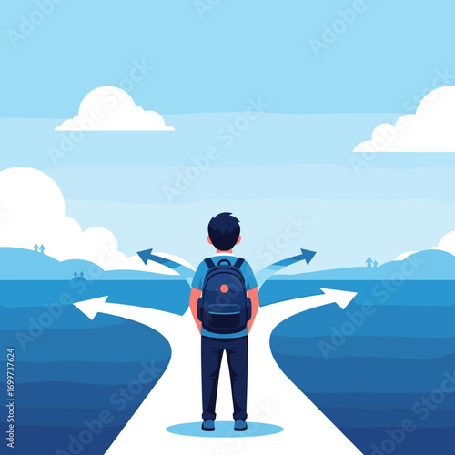 Student standing at a crossroads facing multiple paths choosing future direction education journey