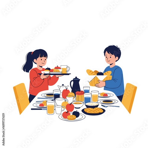 Children setting the table for a delicious family breakfast together preparing food morning meal