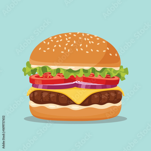 Delicious gourmet burger with fresh toppings and melted cheese on a sesame seed bun