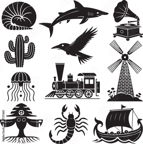 Compilation of Black Silhouettes Including Marine Life Vehicles and Plants seashell shark
