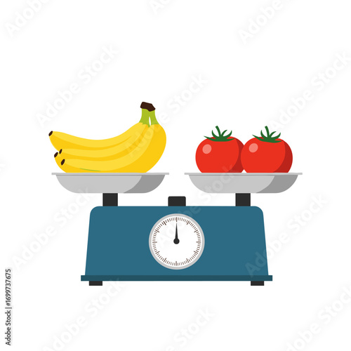 Comparing the weight of bananas and tomatoes using a simple kitchen scale for food measurement and diet planning