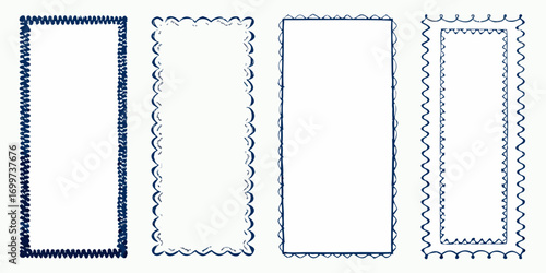Collection of four hand drawn decorative rectangular borders with wavy and scalloped edges in dark blue