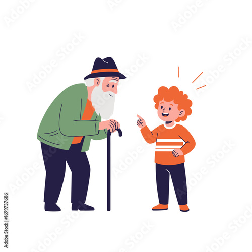A young boy enthusiastically shares his thoughts with an elderly gentleman holding a cane and wearing a hat
