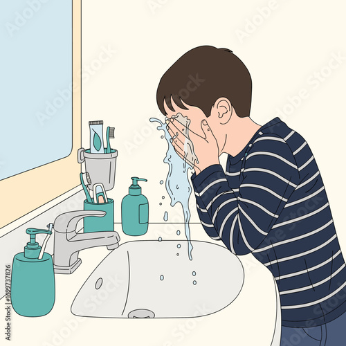 A young person washing their face with water at the sink