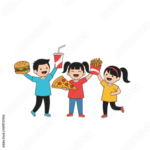 Joyful children celebrating with delicious fast food and refreshing drinks together