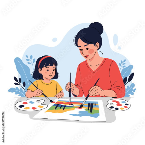 A mother and daughter happily painting together creating a colorful artwork on a table with art supplies around them on a blue background with green leaves