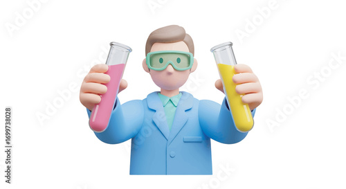 Cartoon scientist holding test tubes with colorful liquids in laboratory environment, showcasing scientific research and experimentation with a playful and engaging style.