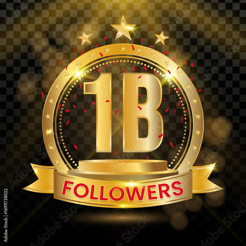1B Followers Logotype with Gold and red Confetti Isolated on Black Background, Vector Design for Greeting Card and Social Media.