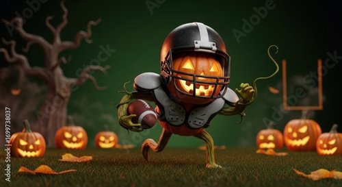 Halloween pumpkin wearing football gear running with a football on a field at night