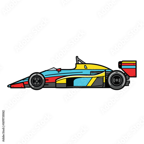 Colorful side view illustration of a retro openwheel formula racing car.