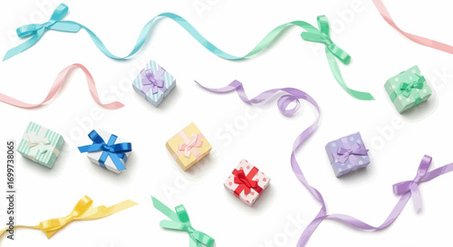 Pastel Colored Gift Boxes and Ribbons Scattered on White Background for Celebratory Occasions and Festive Decorations. Ideal for showcasing gift giving, party decorations, or birthday celebrations.