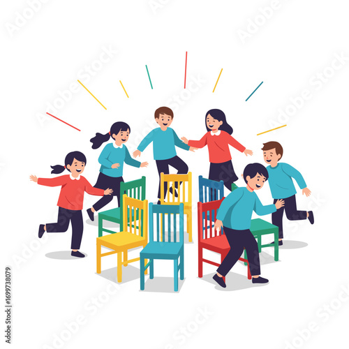 Children happily playing musical chairs game together outdoors on a sunny day energetic fun active childhood memories
