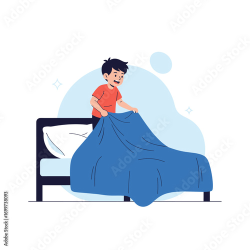 Young boy making his bed with blue blanket and white pillow in the morning routine illustration