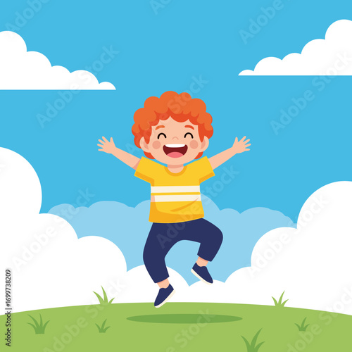 Joyful young boy with curly red hair celebrating with arms outstretched in a vibrant green grassy field under a bright blue sky with fluffy white clouds