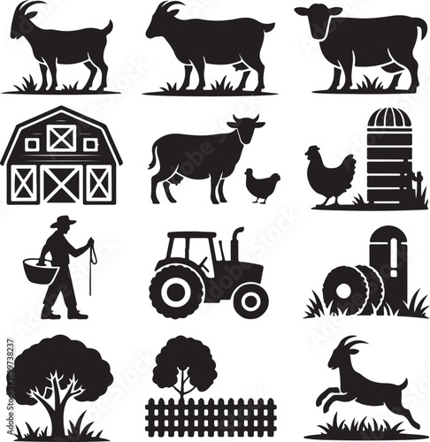 Farm Animals and Elements in Black Silhouette Icons Keywords: farm, animal, silhouette, icon, goat