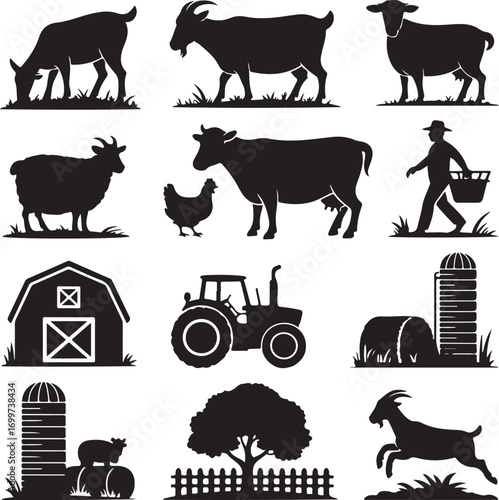 Farm Animals Barn Tractor Silo and Farmer Silhouette Collection Keywords: goat, sheep, cow, chicken