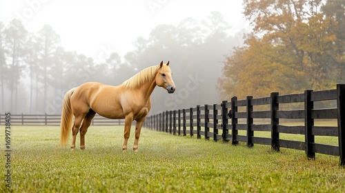 Beautiful palomino horse standing near a wooden fence on a foggy morning with mist surrounding the area dew on the grass and trees fading into the background