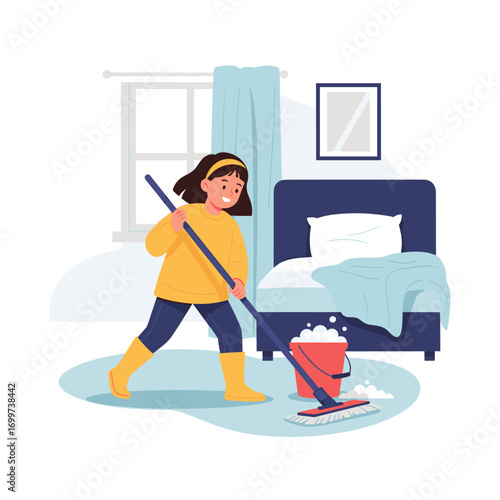 Little girl happily cleaning her bedroom with a mop and bucket of sudsy water