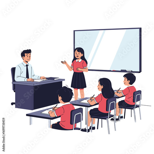 Engaged students learning actively in a modern classroom with teacher guidance and interactive whiteboard