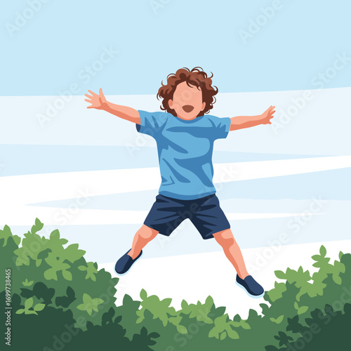 A joyful young boy leaps high into the bright blue sky above lush green foliage on a sunny day