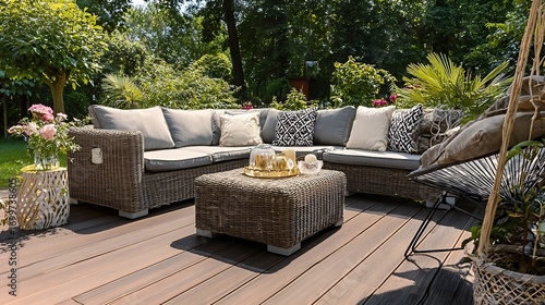 A rattan patio set including a sofa, a table and a chair on a wooden deck in the sunny garden.