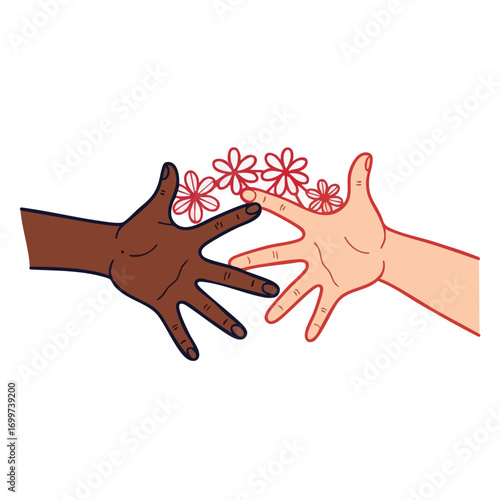 Illustration of two diverse hands with different skin tones reaching for each other with flowers.