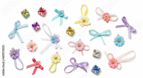 Delicate Assortment of Miniature Ribbon Embellishments for Crafting, Scrapbooking, and Decorative Art Projects with Pastel Colors