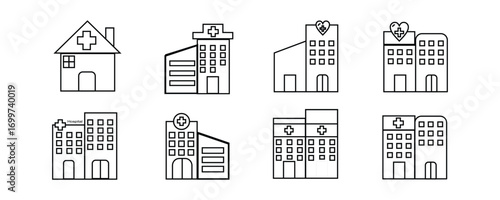 hospital building icon set. medical kit, doctor, nurse, clinic, and heart vector set