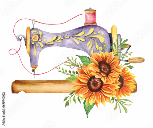 Watercolor illustration of a vintage sewing machine surrounded by sunflowers.