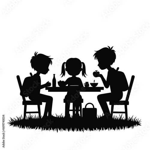 Three children eating outdoors silhouette with backpacks and lunchbox Keywords: silhouette