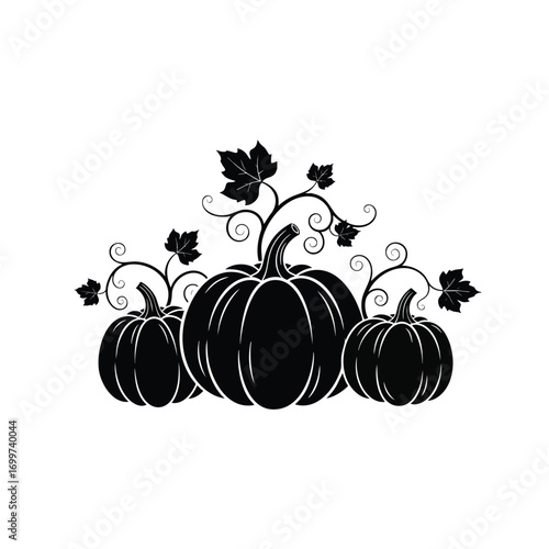 Three black silhouette pumpkins with curling vines and autumn leaves.