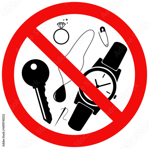 No metallic articles sign. Prohibition sign of key,watch. Flat vector illustration design isolated on white background