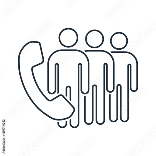 A group of people queues to the telephone receiver.Vector linear icon illustration isolated on white background.