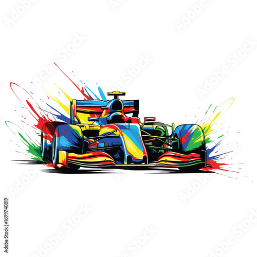 Vibrant abstract illustration of a Formula 1 race car with colorful paint splatters.
