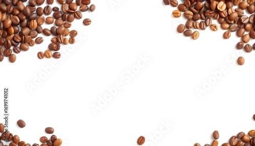 Wide panoramic border of coffee beans, isolated on white Ample copy space,  texture,  light roast