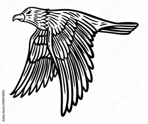 A stylized black and white illustration of a soaring eagle.