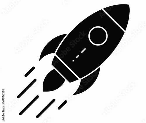 Simple black silhouette of a rocket launching into space.
