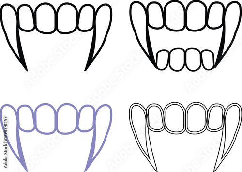Vampire fangs icon set vector illustration created with bold sharp lines and dramatic gothic style, symbolizing legendary myth of vampires, horror stories, and dark fantasy culture. gothic branding,