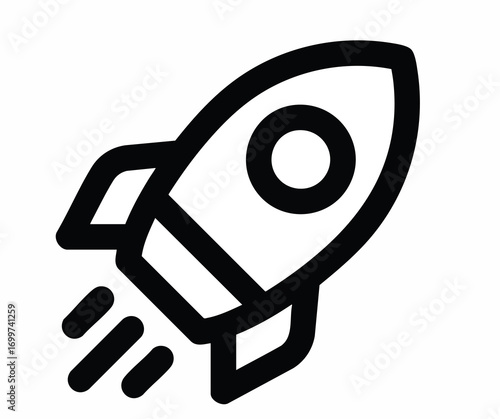 A stylized rocket ship icon, launching upwards, representing rapid growth or progress.