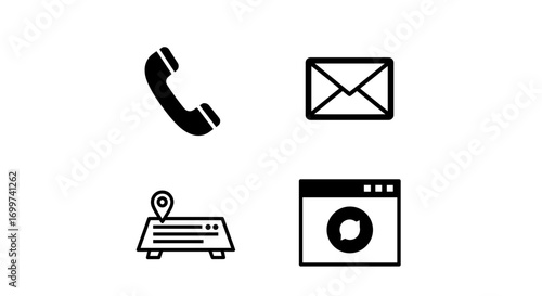Collection of four black and white icons representing communication and location information.