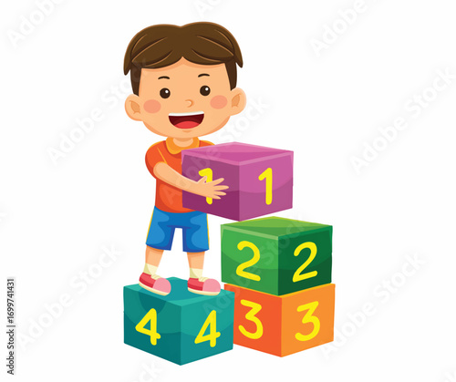 A young boy is happily stacking colorful number blocks, learning and playing.