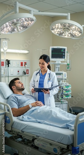 Doctor nurse and patient support and discussion at hospital for consulting, assistance discussion and doing meeting home