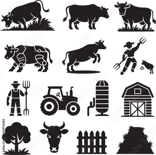 Farm animal and equipment silhouette icons on white background bull calf