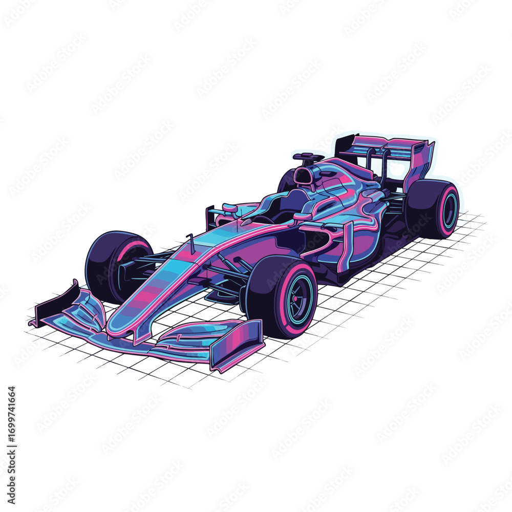 Fototapeta premium Vibrant retrofuturistic Formula 1 race car in a neon synthwave art style.